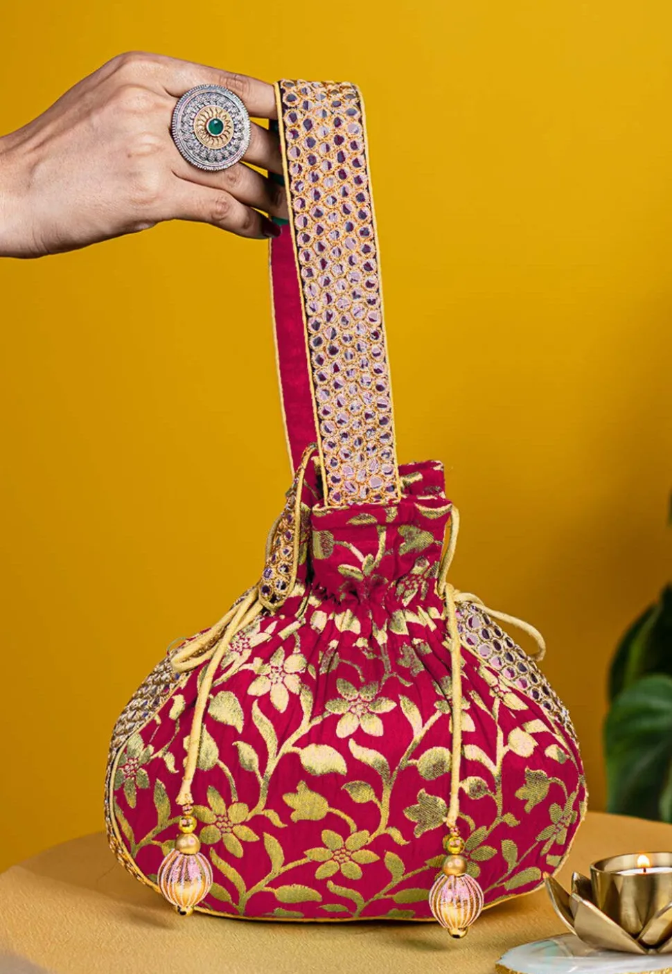 Brocade Potli Bag in Fuchsia