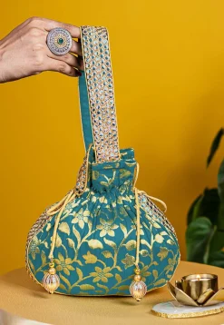 Brocade Potli Bag in Teal Blue