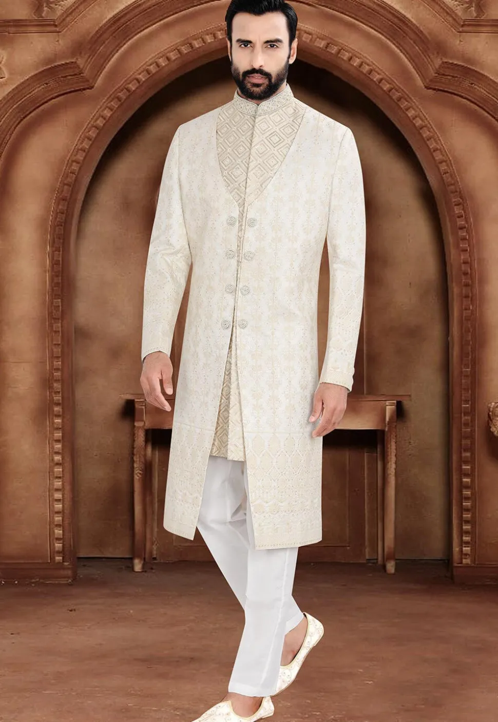 Brocade Sherwani in Cream