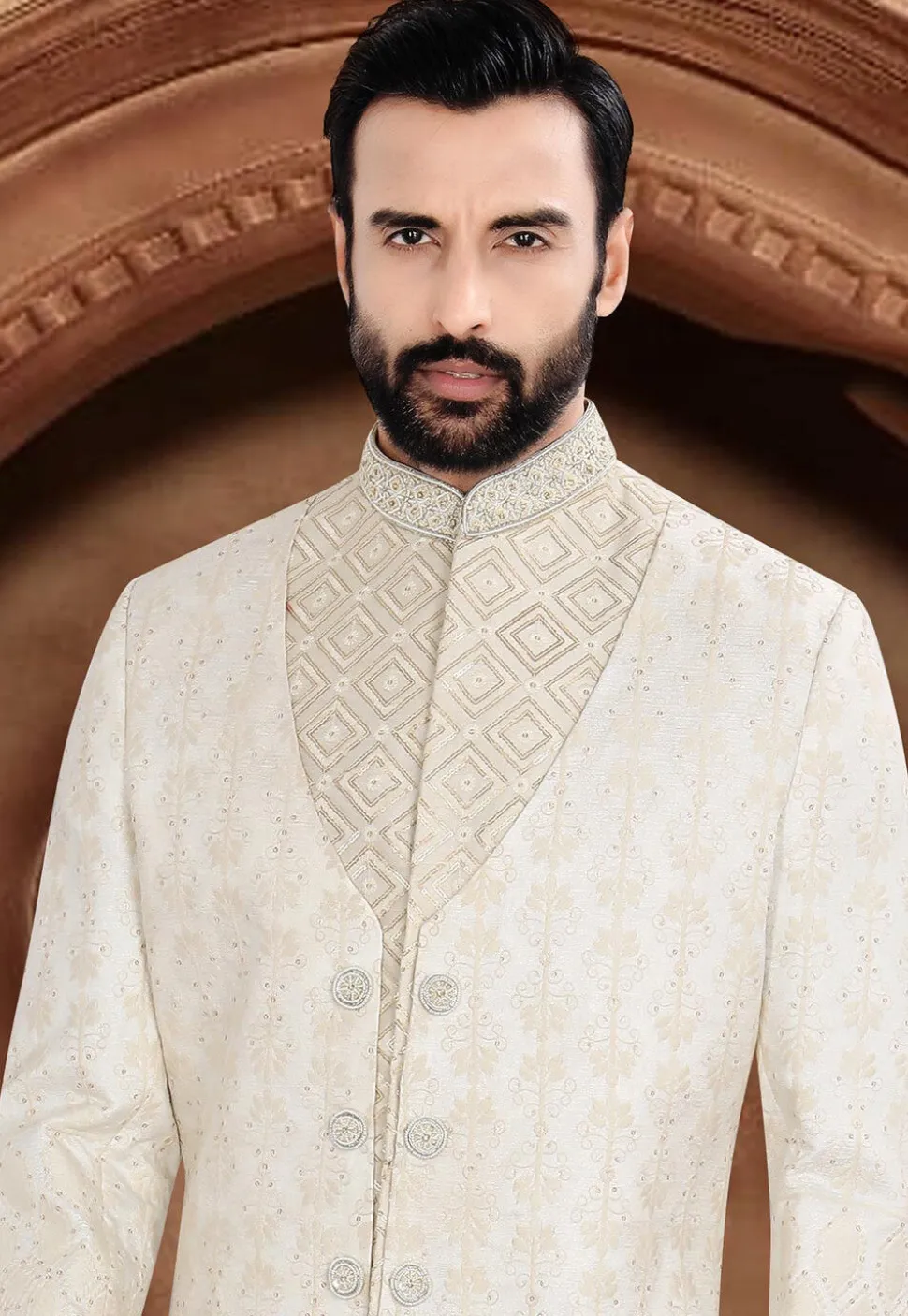 Brocade Sherwani in Cream