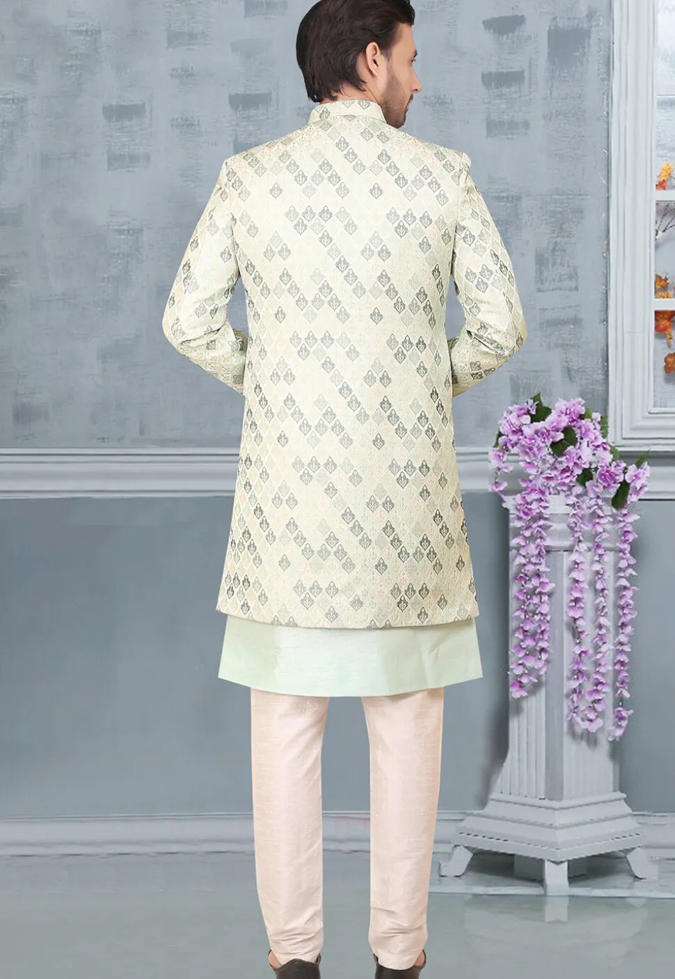 Brocade Sherwani in Cream and Light Blue