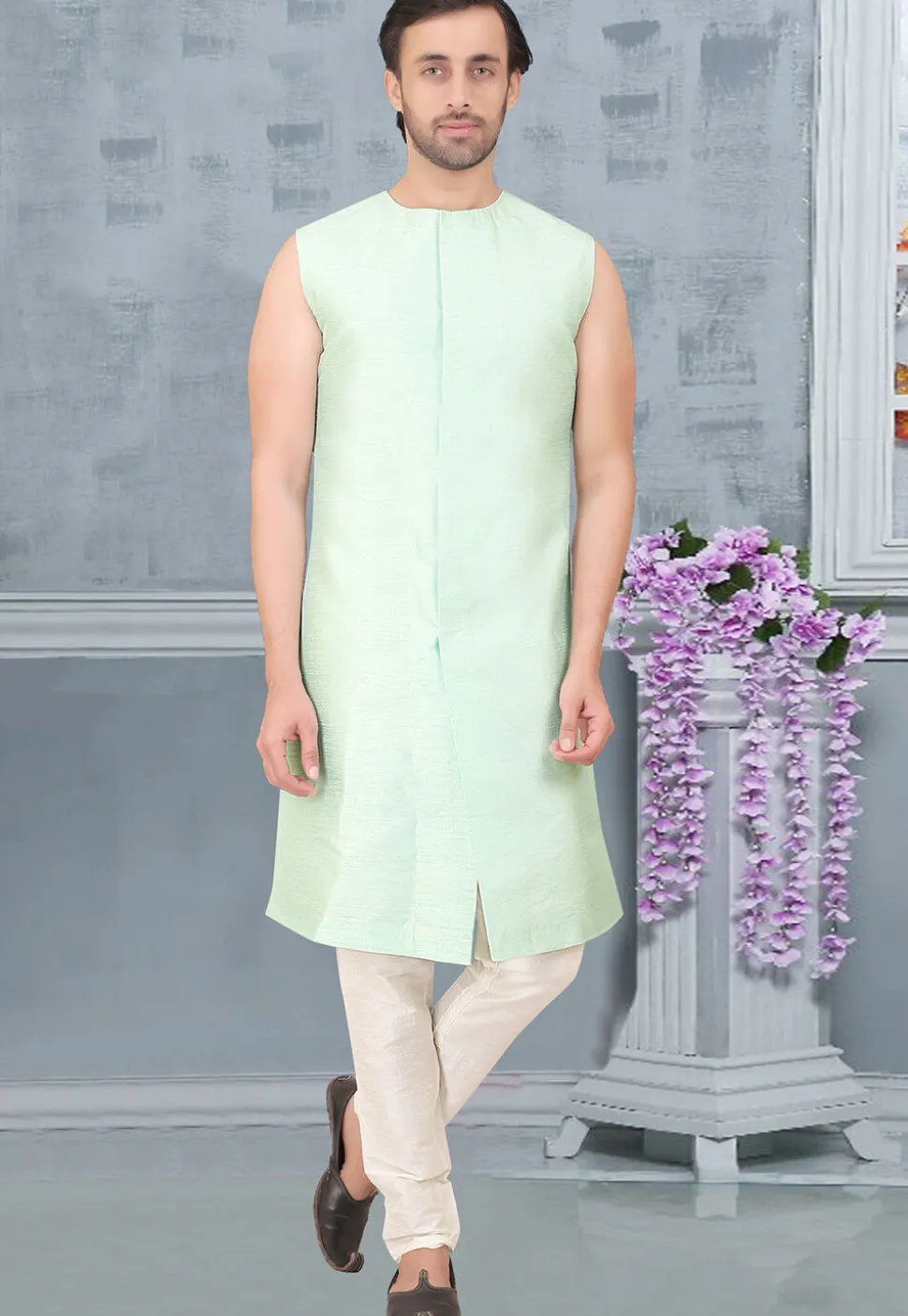 Brocade Sherwani in Cream and Light Blue