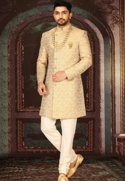 Brocade Sherwani in Light Beige
