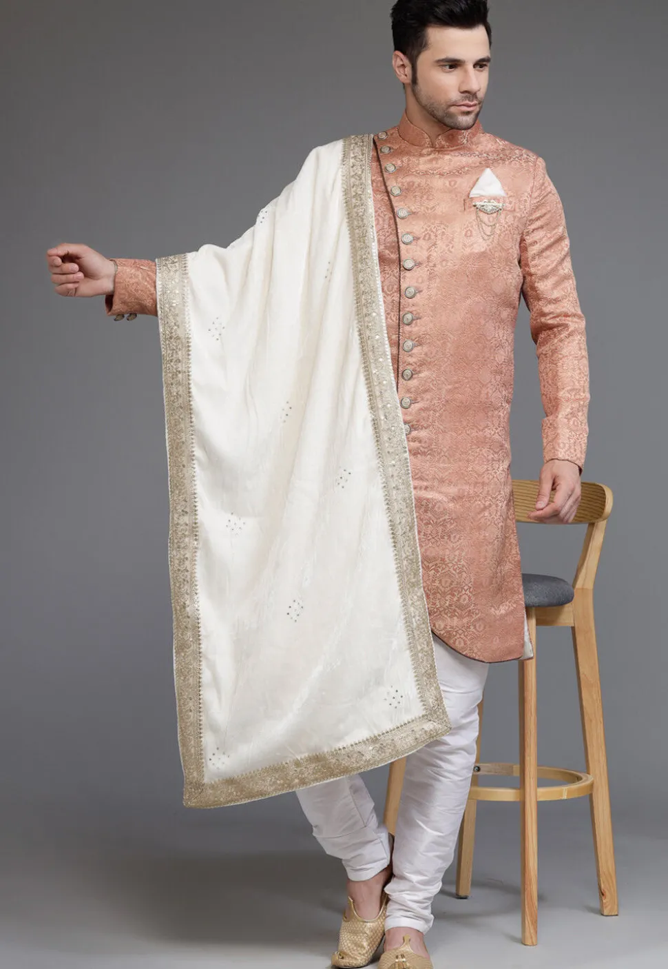 Brocade Sherwani in Peach