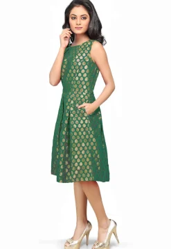 Brocade Short Dress in Dark Green