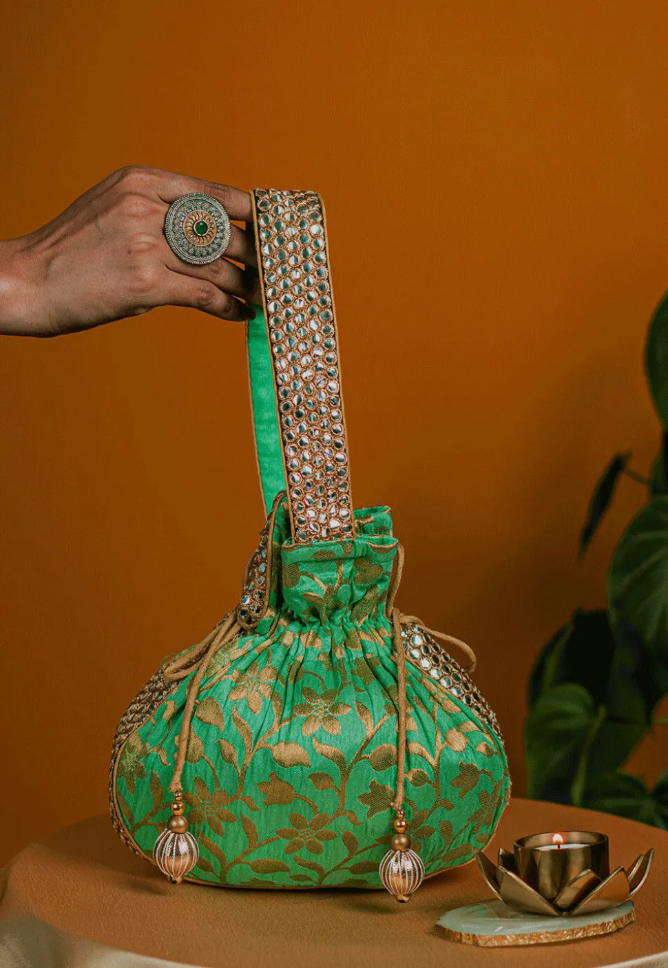 Brocade Silk Potli Bag in Pastel Blue