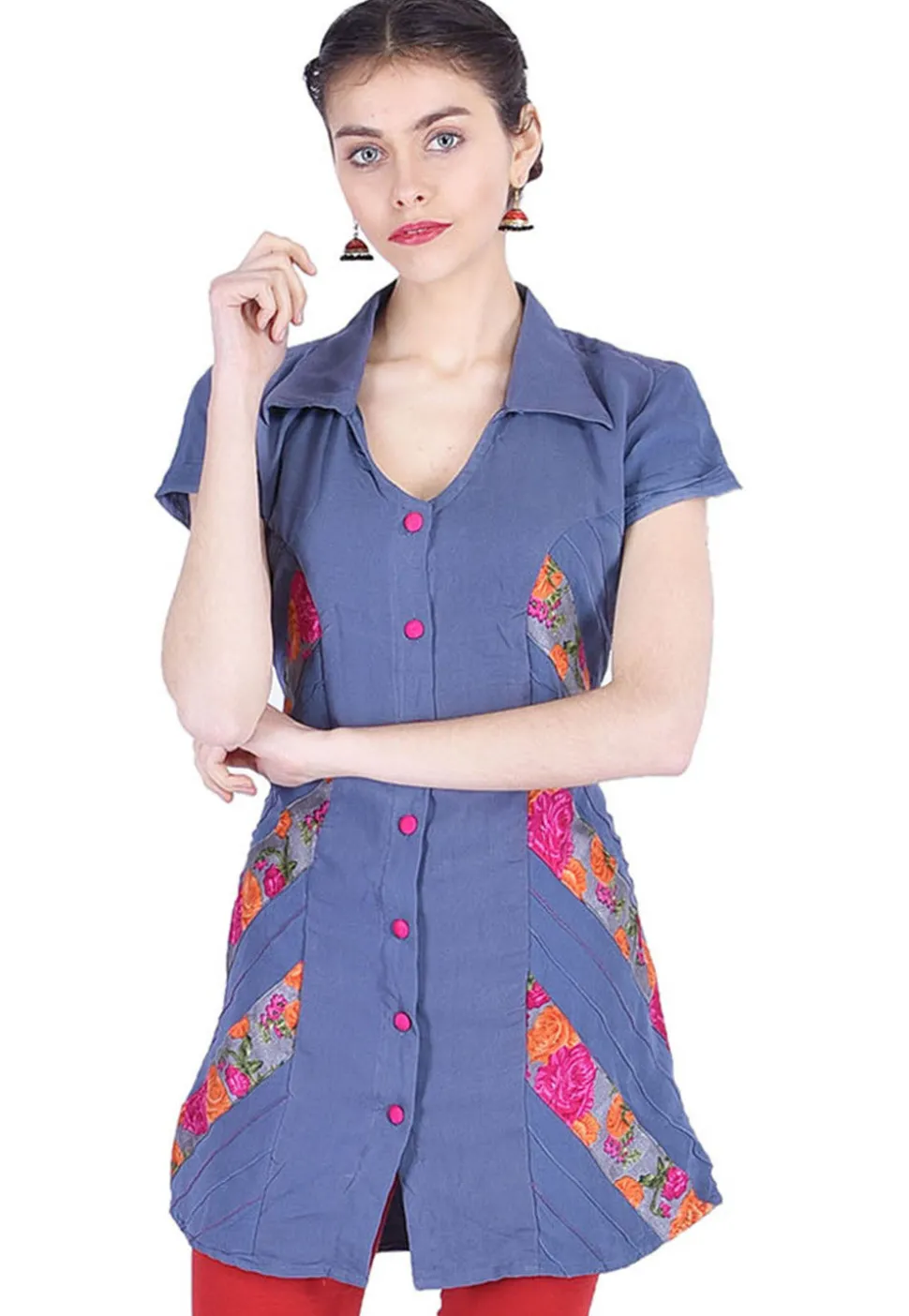Button Down Pintucked Georgette Tunic in Grey