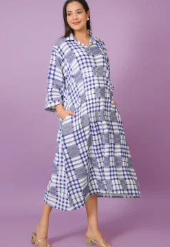 Check Printed Cotton Aline Dress in Off White