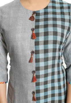 Check Printed Cotton Asymmetric Kurta in Light Grey