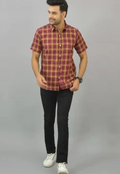 Check Printed Cotton Flex Shirt in Red