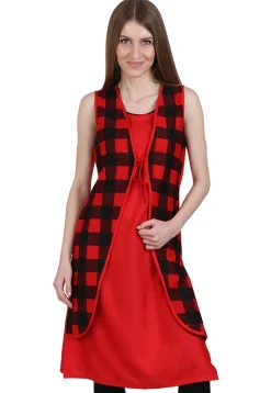 Check Printed Cotton Jacket Style Kurta in Red and Black