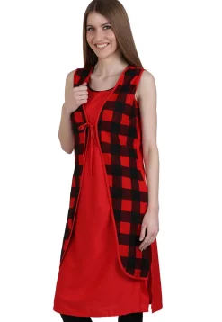 Check Printed Cotton Jacket Style Kurta in Red and Black