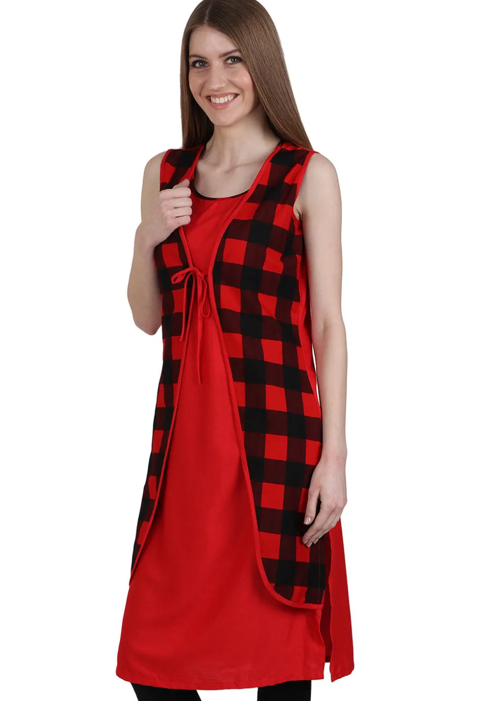 Check Printed Cotton Jacket Style Kurta in Red and Black