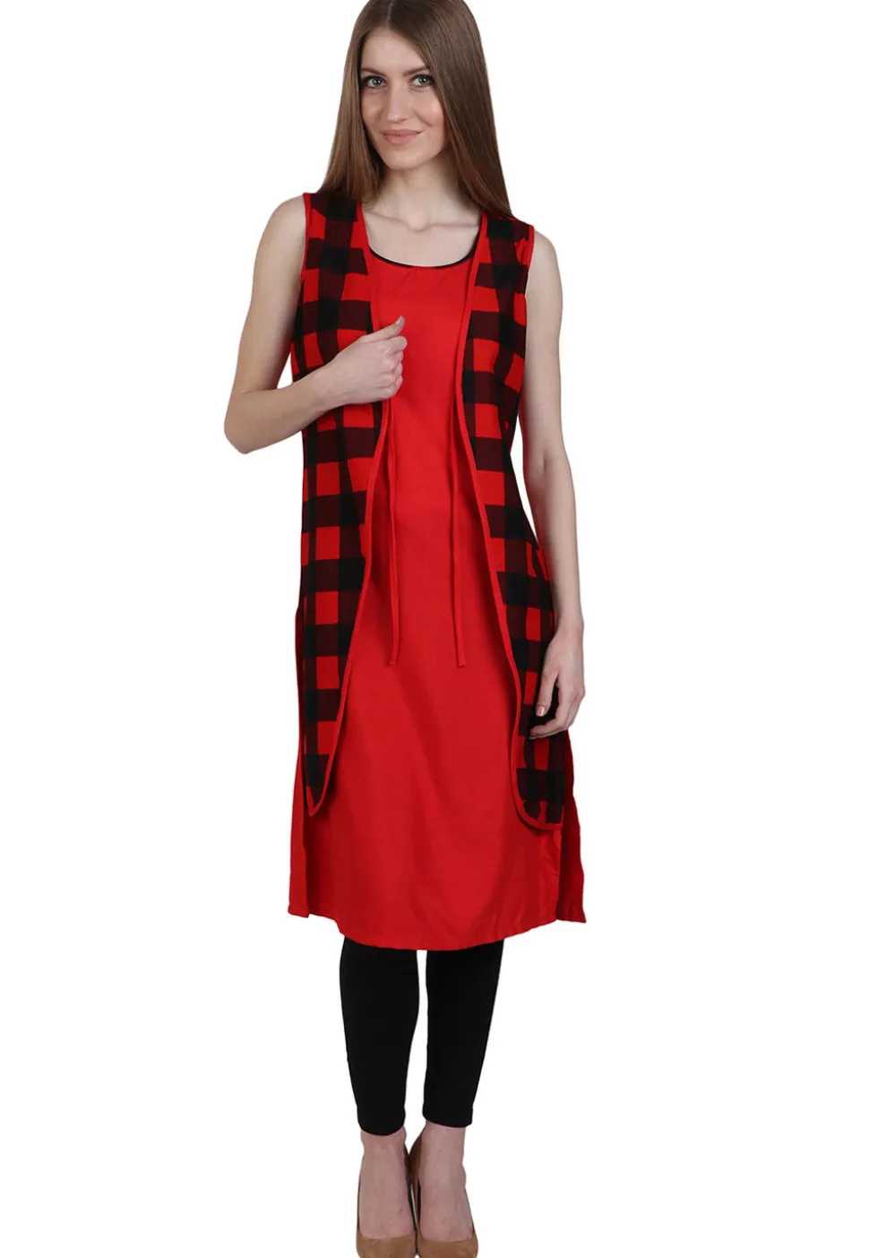 Check Printed Cotton Jacket Style Kurta in Red and Black