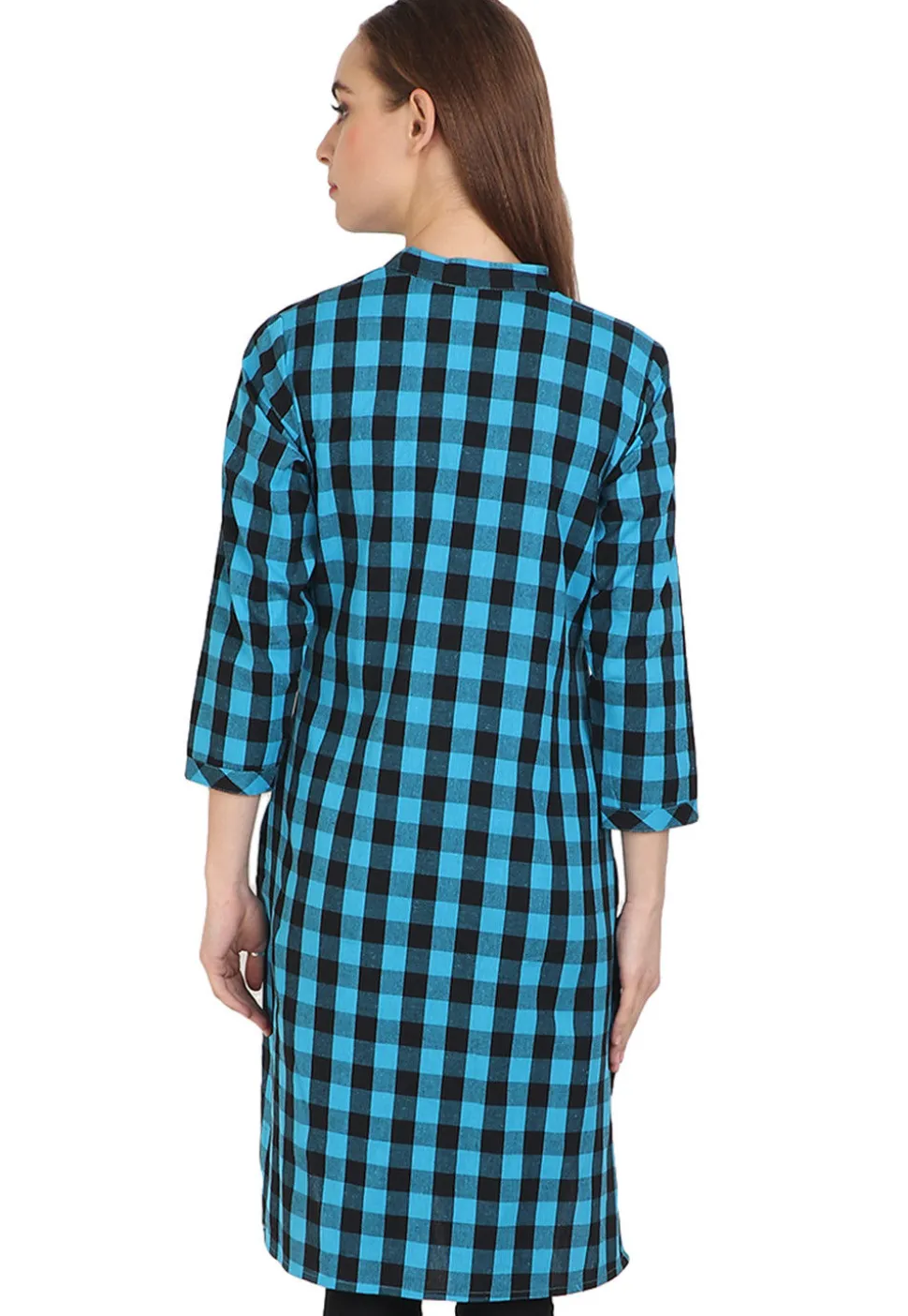 Check Printed Cotton Kurta in Blue and Black