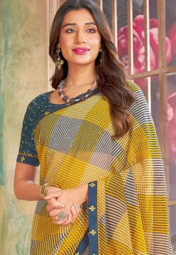 Check Printed Georgette Saree in Yellow