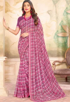 Check Printed Georgette Saree in Purple