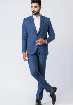 Check Printed Polyester Blazer in Blue
