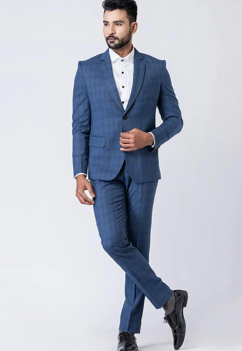 Check Printed Polyester Blazer in Blue