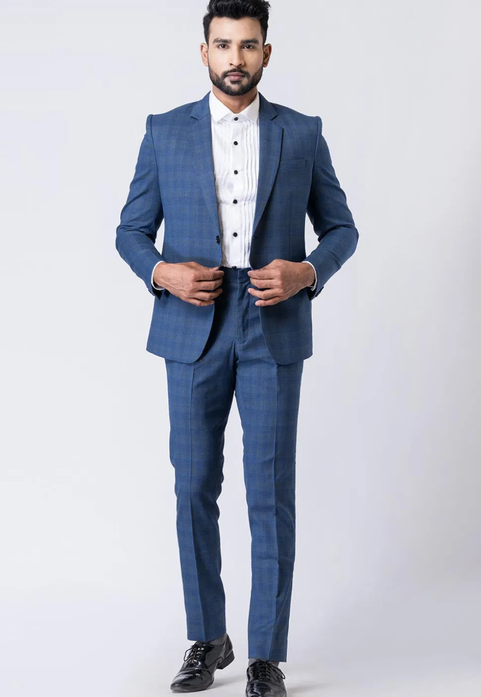 Check Printed Polyester Blazer in Blue