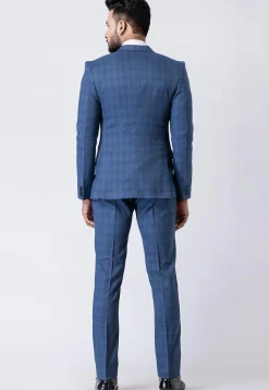 Check Printed Polyester Blazer in Blue