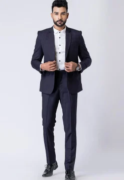 Check Printed Polyester Blazer in Navy Blue