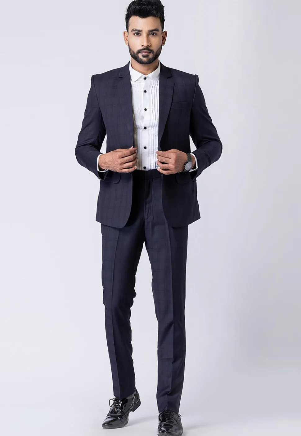 Check Printed Polyester Blazer in Navy Blue