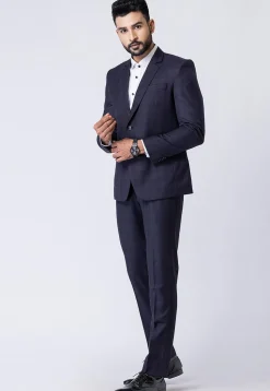Check Printed Polyester Blazer in Navy Blue