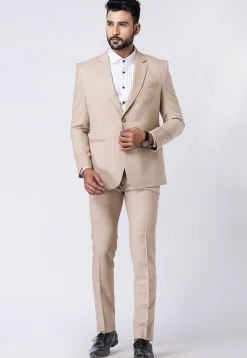 Check Printed Polyester Blazer in Beige