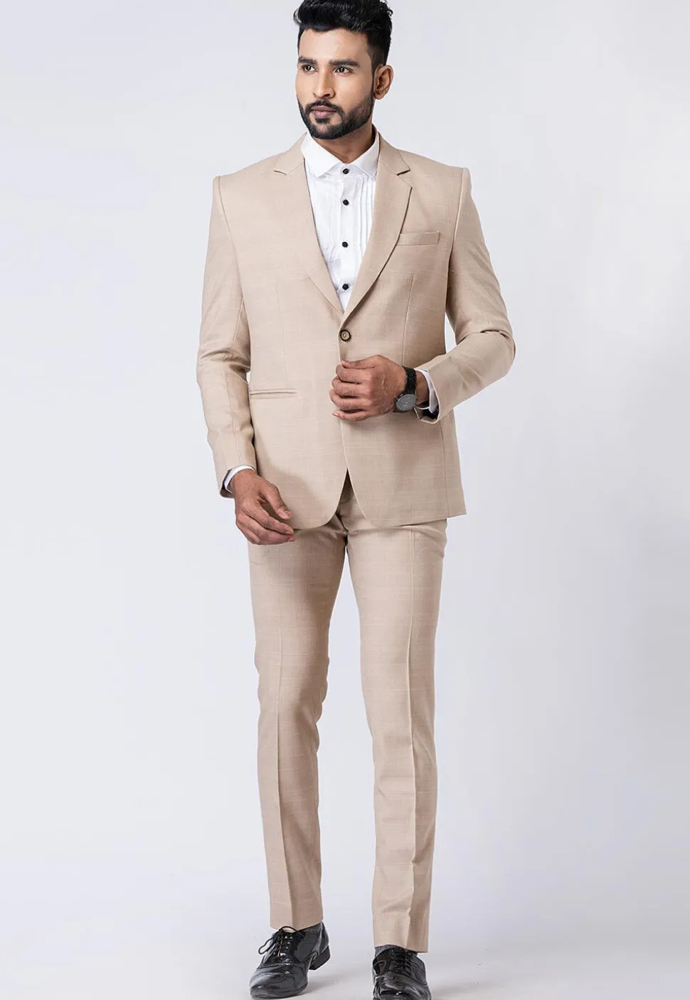 Check Printed Polyester Blazer in Beige