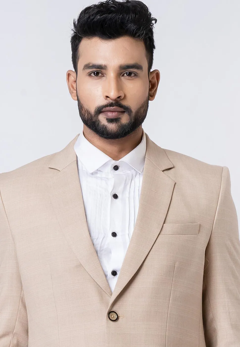 Check Printed Polyester Blazer in Beige