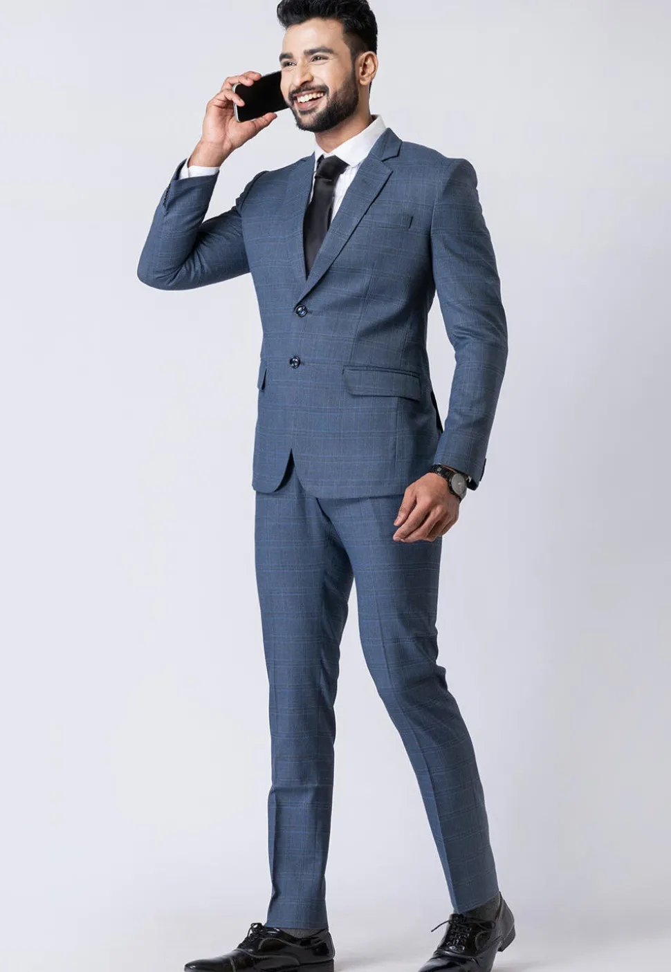 Check Printed Polyester Jacquard Blazer in Dusty Blue