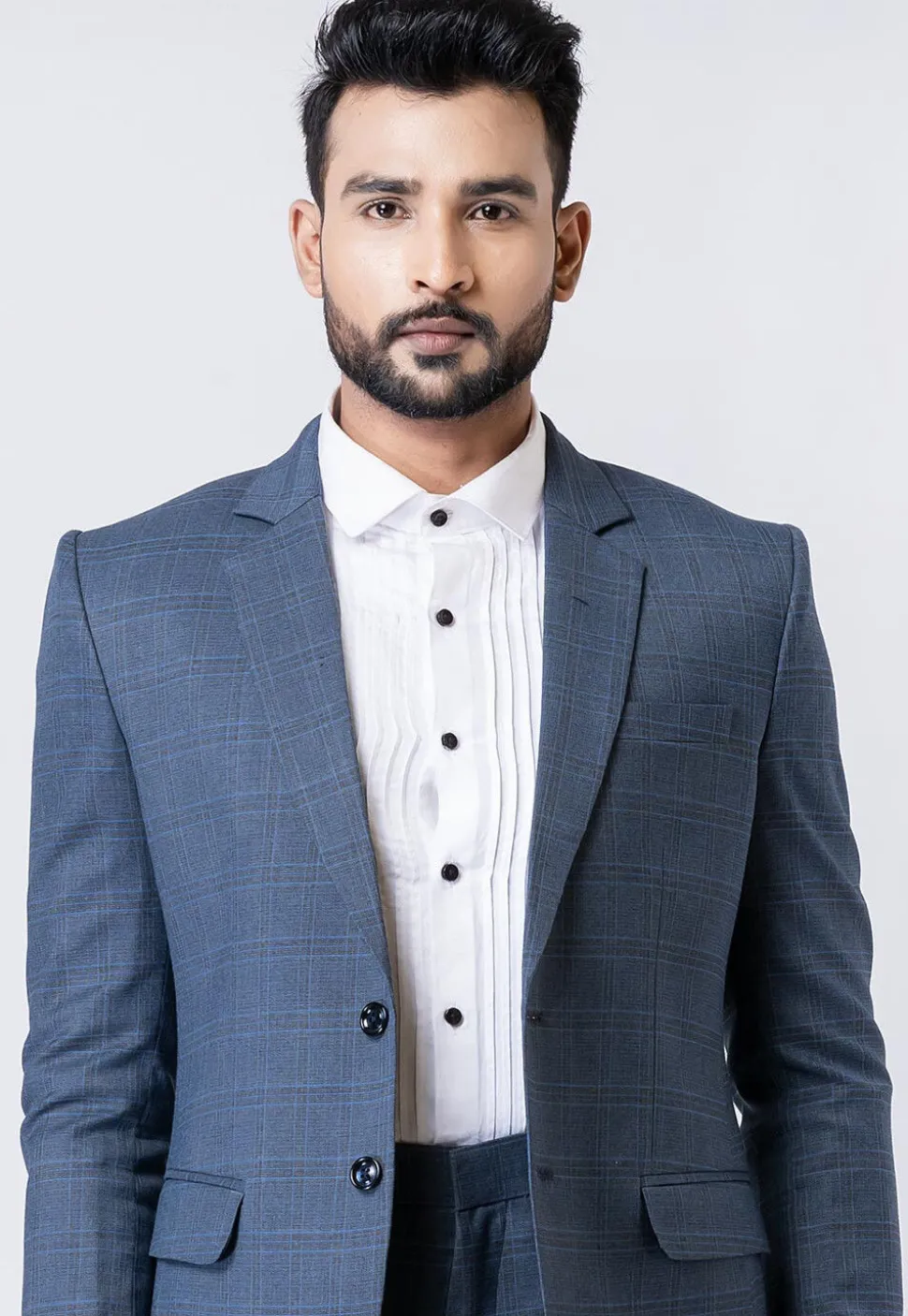 Check Printed Polyester Jacquard Blazer in Dusty Blue