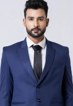Check Printed Polyester Jacquard Blazer in Navy Blue