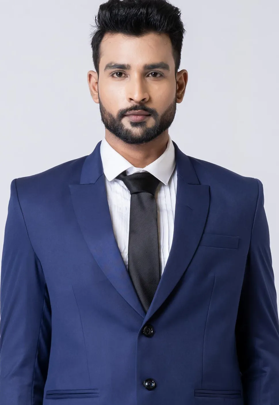 Check Printed Polyester Jacquard Blazer in Navy Blue