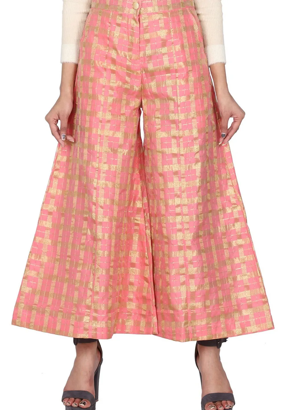 Checkered Chanderi Cotton Palazzo in Pink