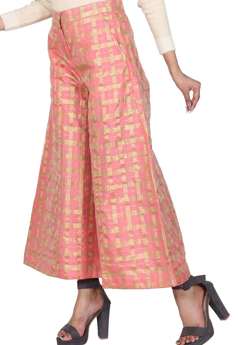 Checkered Chanderi Cotton Palazzo in Pink