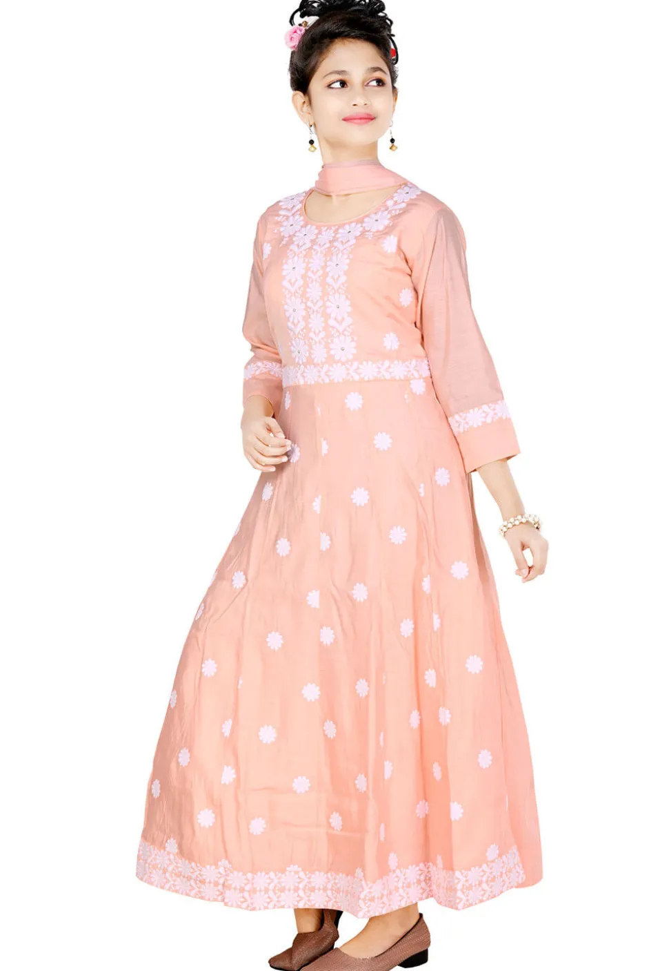 Chikankari Art Silk Gown in Peach
