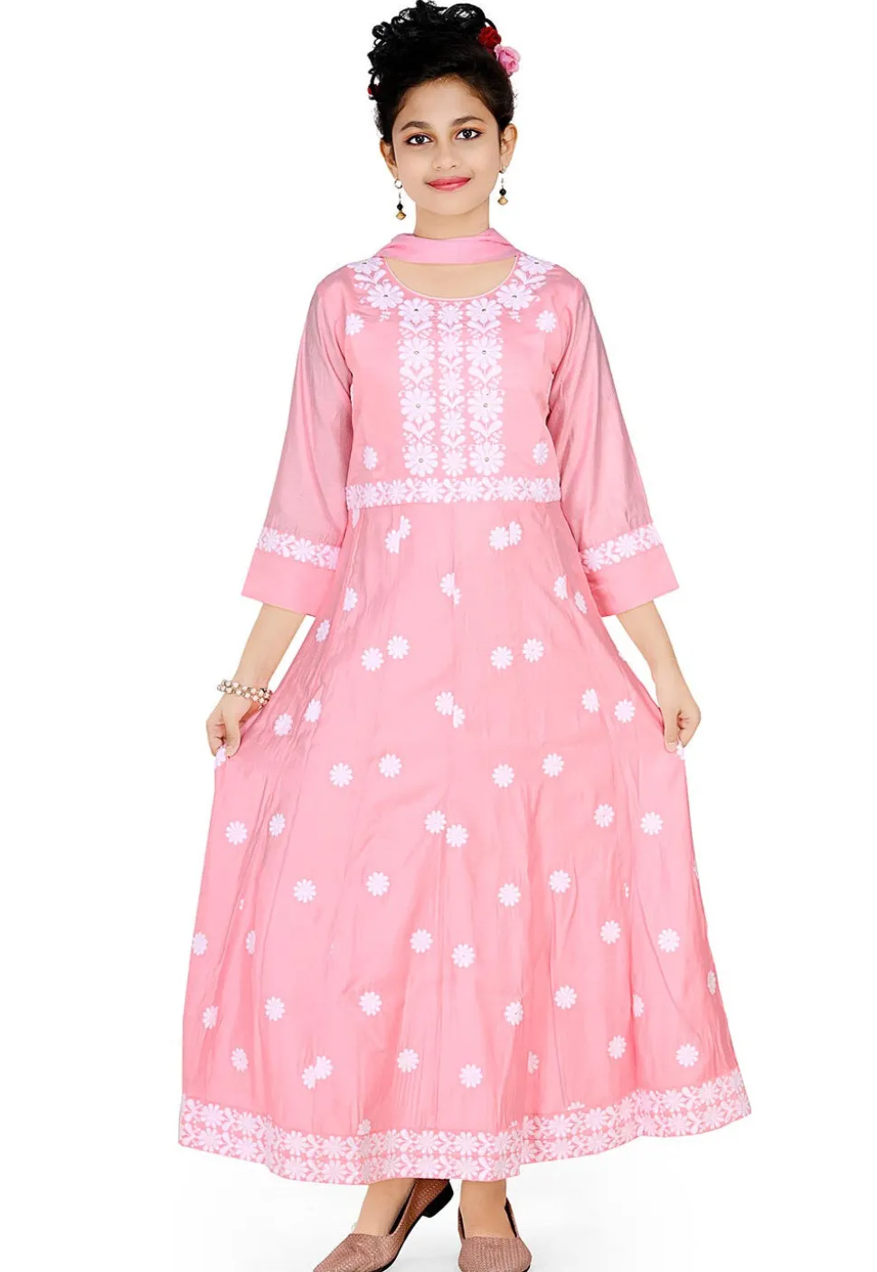 Chikankari Art Silk Gown in Pink