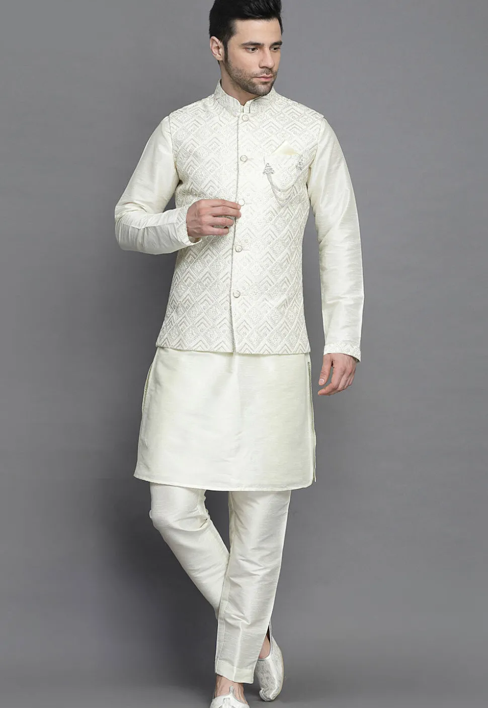 Chikankari Art Silk Kurta Jacket Set in Off White