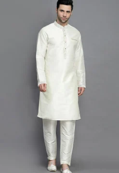 Chikankari Art Silk Kurta Jacket Set in Off White