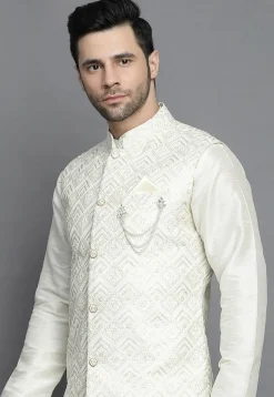 Chikankari Art Silk Kurta Jacket Set in Off White