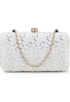 Chikankari Art Silk Rectangular Clutch Bag in White