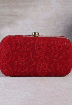 Chikankari Art Silk Rectangular Clutch Bag in Red