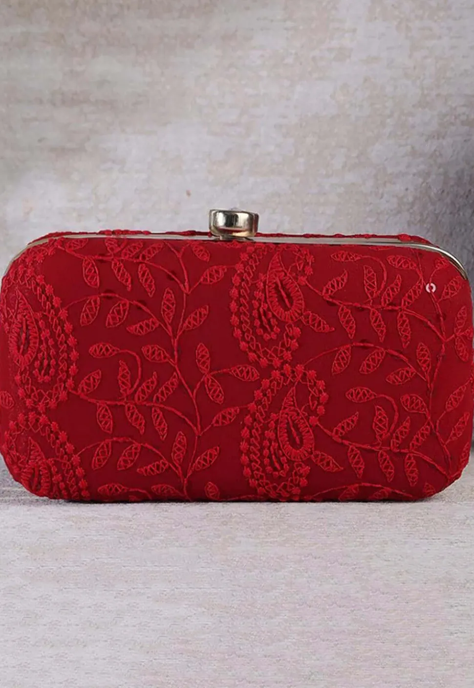 Chikankari Art Silk Rectangular Clutch Bag in Red