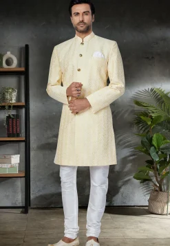 Chikankari Art Silk Sherwani in Beige
