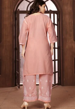 Chikankari Cotton Straight Kurta Set in Peach