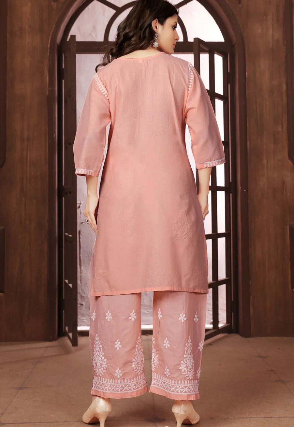 Chikankari Cotton Straight Kurta Set in Peach