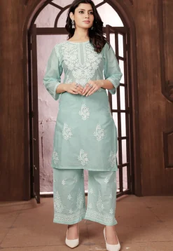 Chikankari Cotton Straight Kurta Set in Sea Green