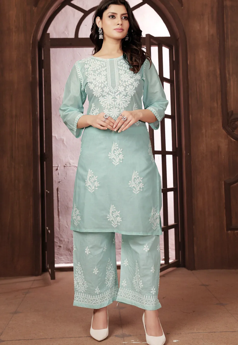 Chikankari Cotton Straight Kurta Set in Sea Green